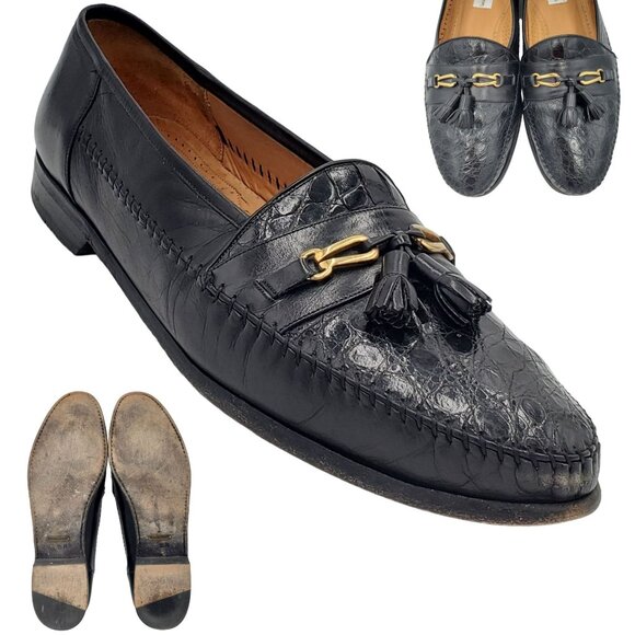 Vintage Mezlan Exotic Black Crocodile Mens 15M Dress Shoes Tassel Loafers Spain